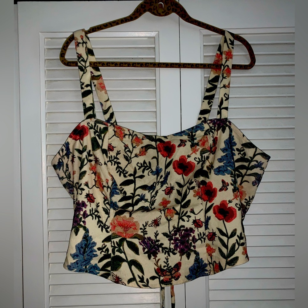 Cropped corset tank, fine wale corduroy, floral, 4x